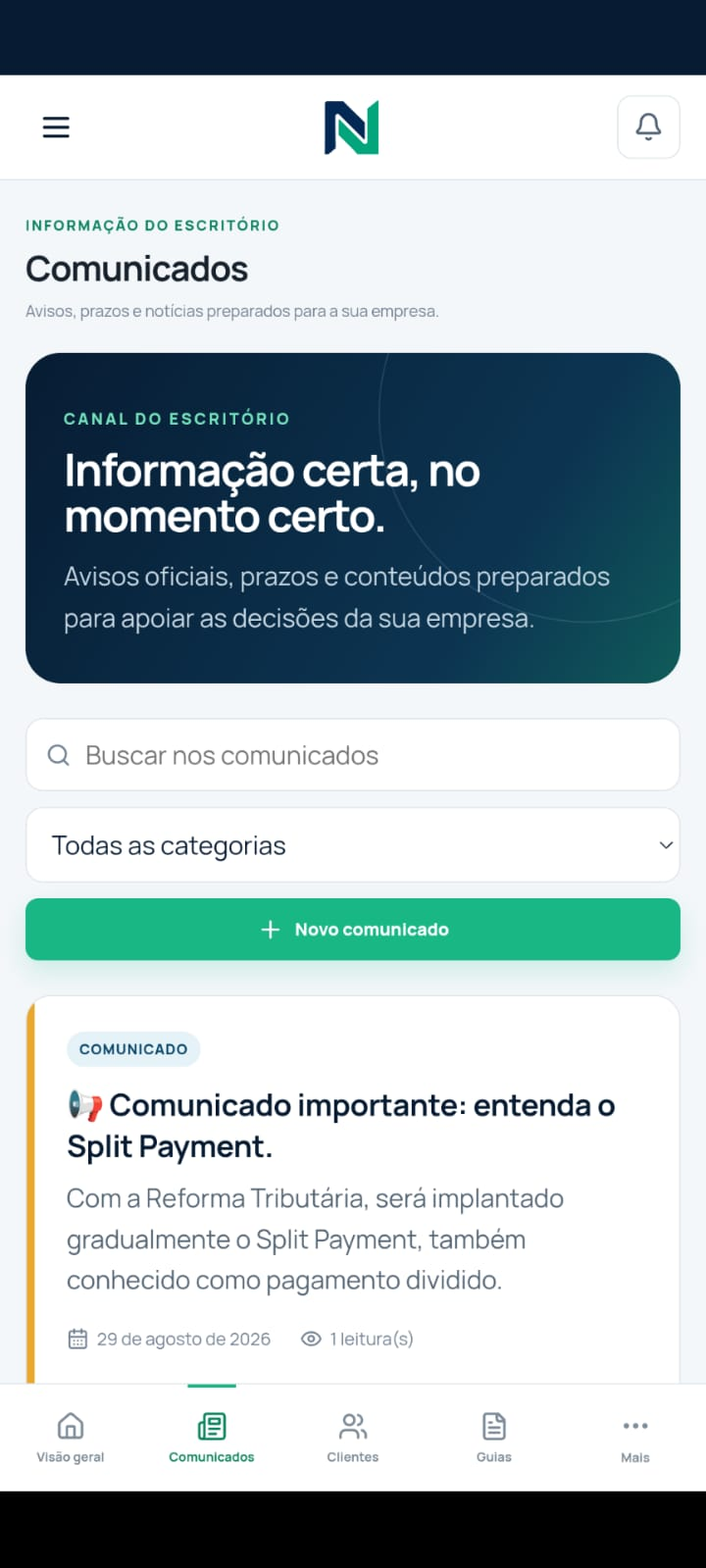 Tela de comunicados do aplicativo no celular